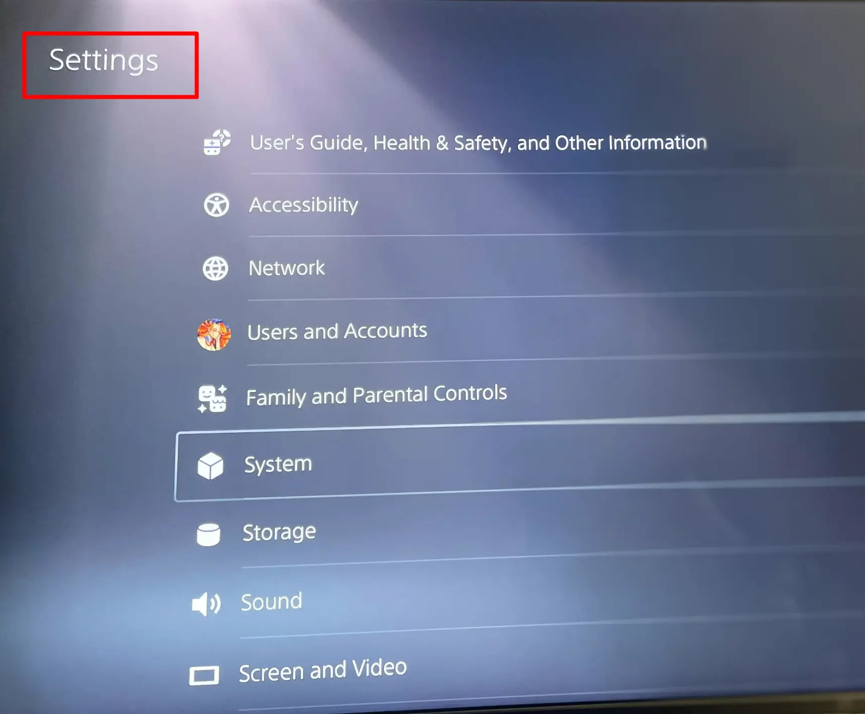 PS5 Settings menu