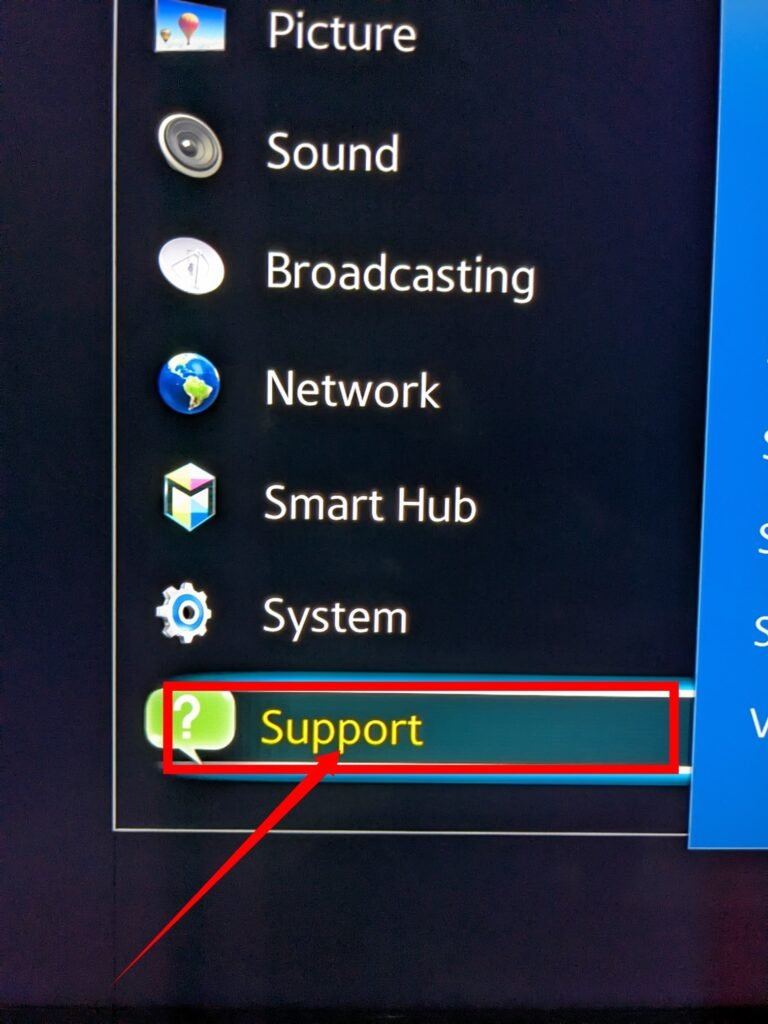 Support Menu on Samsung smart TV 