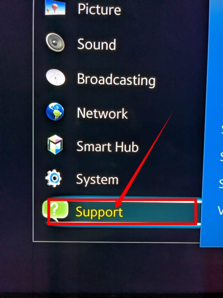 Support Menu on Samsung smart TV 