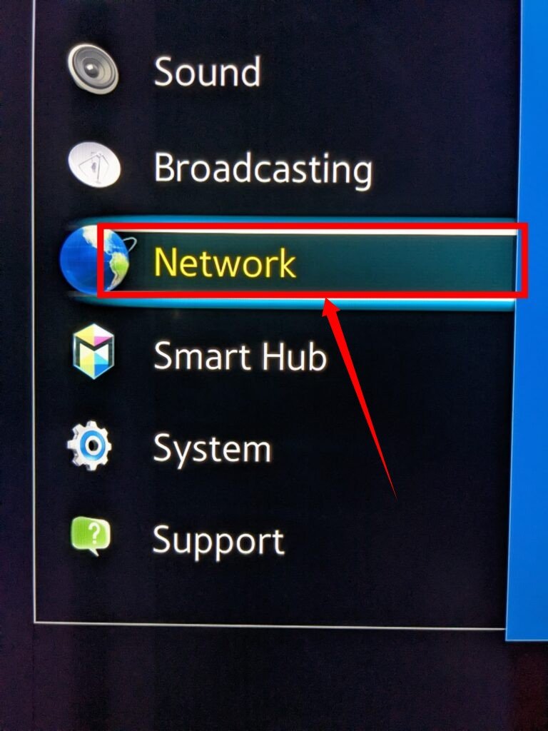 Network menu on Samsung smart TV 