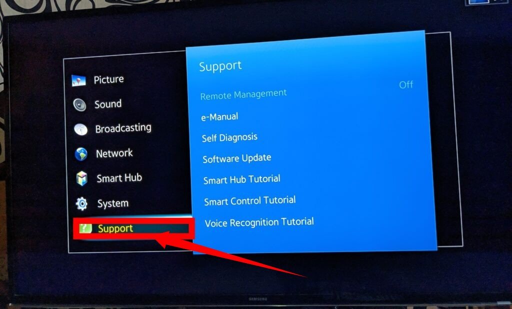 Support Menu on Samsung smart TV 