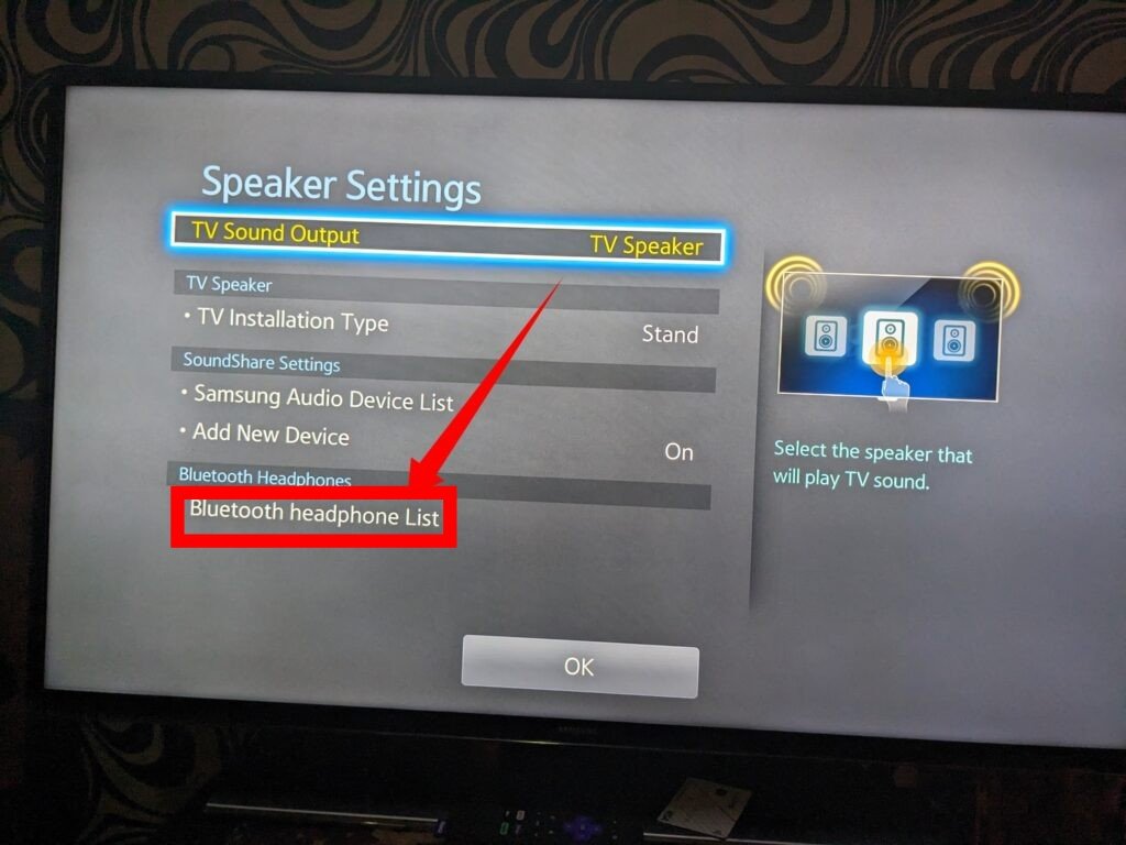 Bluetooth headphones list on Samsung smart TV 