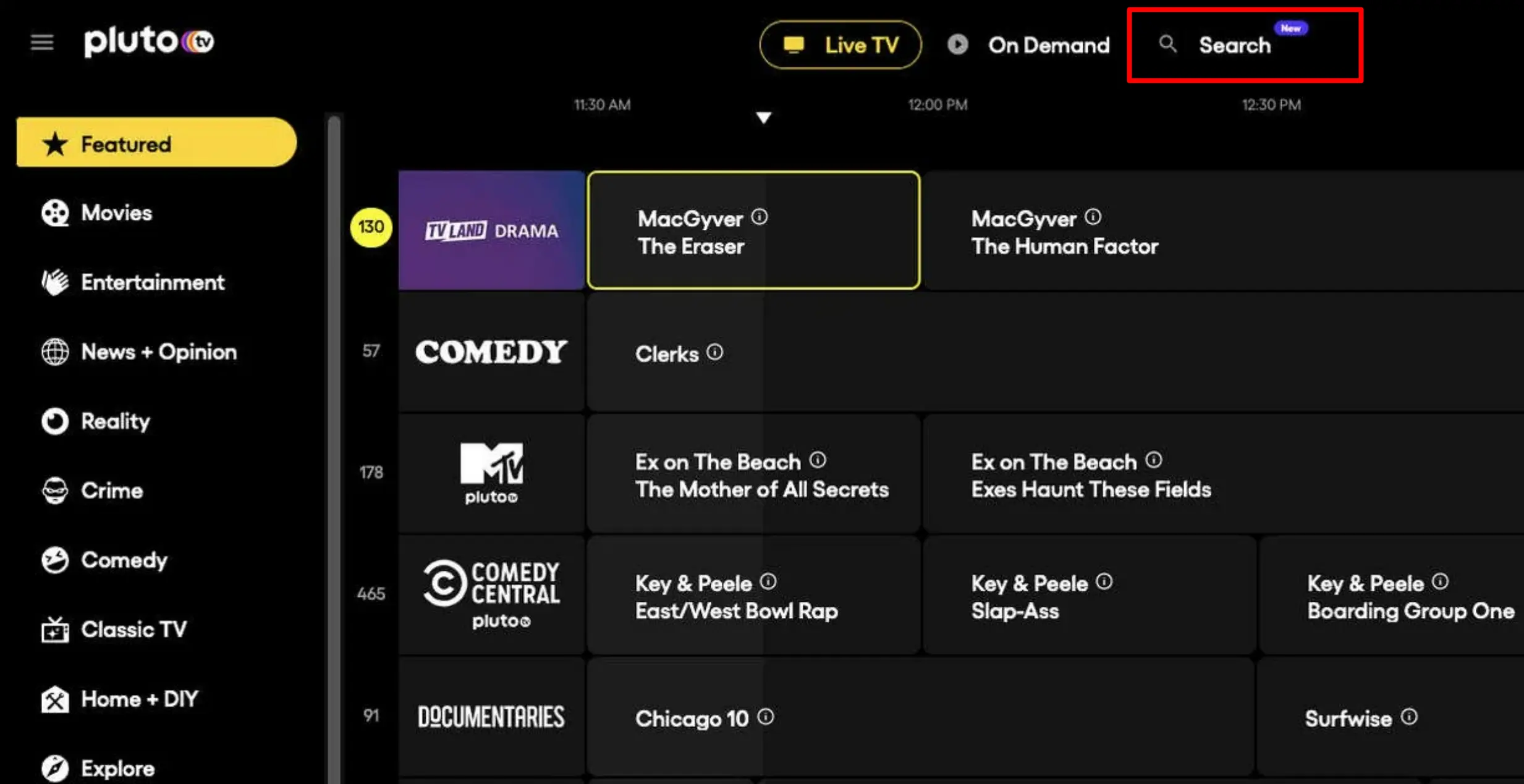 search for Live TV on Pluto TV