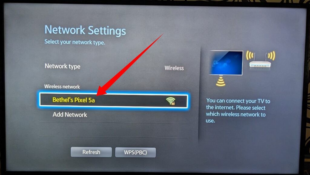 Bethel Pixel 5a connect to Samsung smart TV 