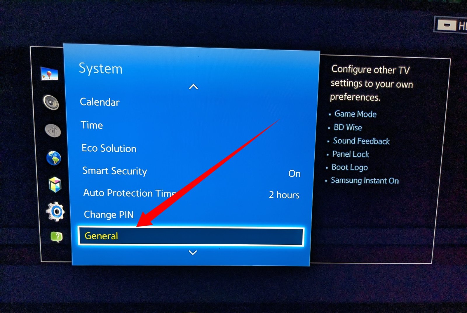 General settings on Samsung smart TV 